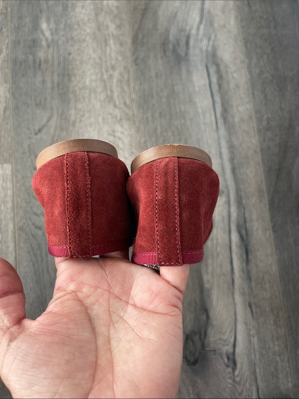 Red Suede Square-Toe Flats with Gold Buckle Accent - Picture 8 of 9